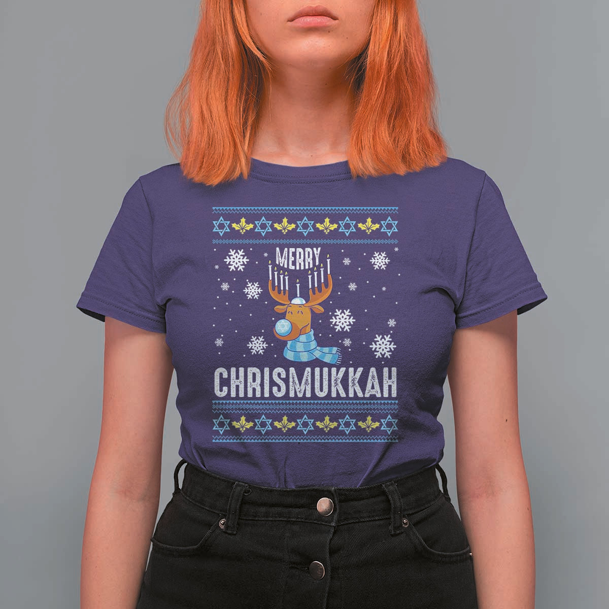 Funny Hanukkah Christmas T Shirt For Women Merry Chrismukkah Reindeer David Stars Menorah - Wonder Print Shop