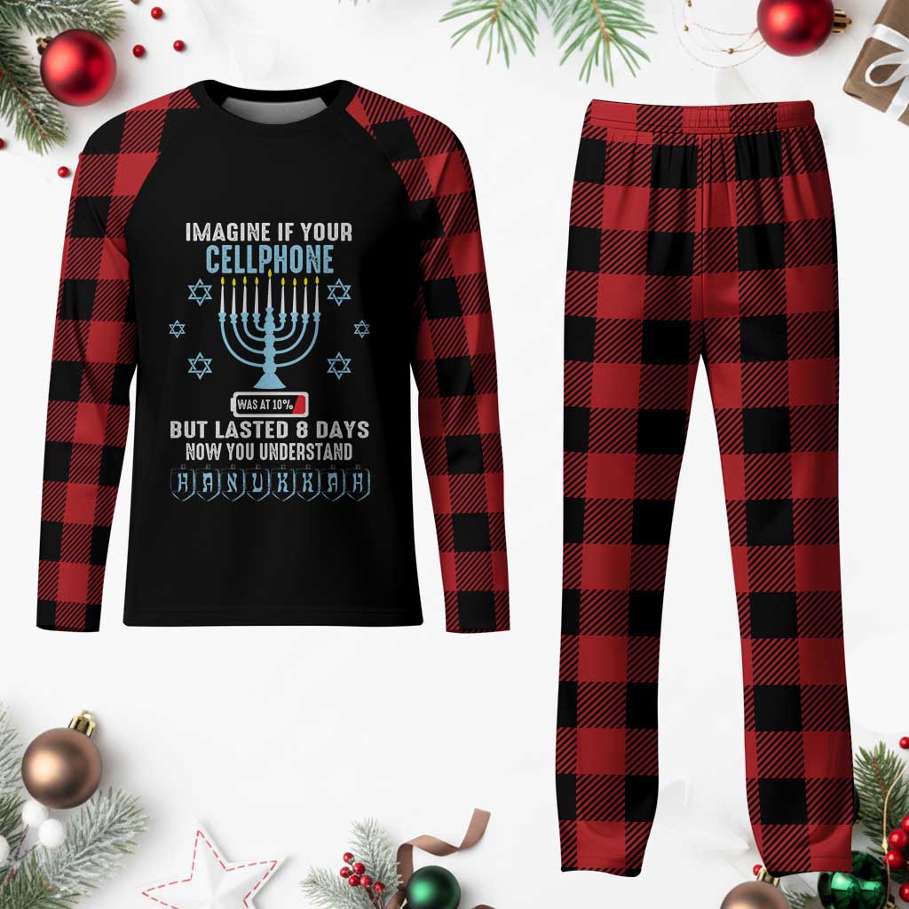 Funny Hanukkah Plaid Pajama Set Imagine If Your Cellphone Was At 10% But Lasted 8 Days Menorah - Wonder Print Shop