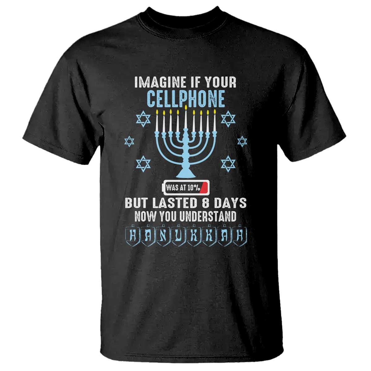 Funny Hanukkah T Shirt Imagine If Your Cellphone Was At 10% But Lasted 8 Days Menorah - Wonder Print Shop