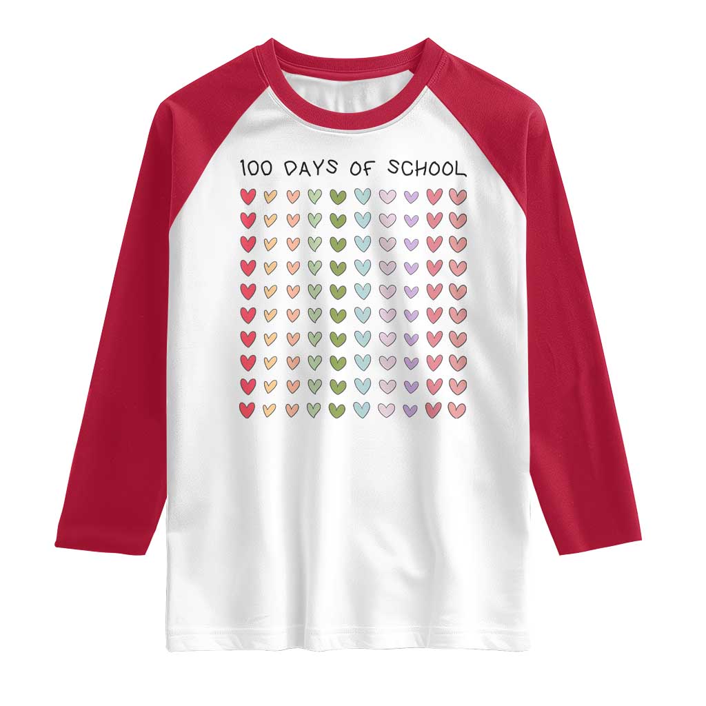 Funny 100 Days Of School Cute Pastel Heart Sketch Raglan Shirt