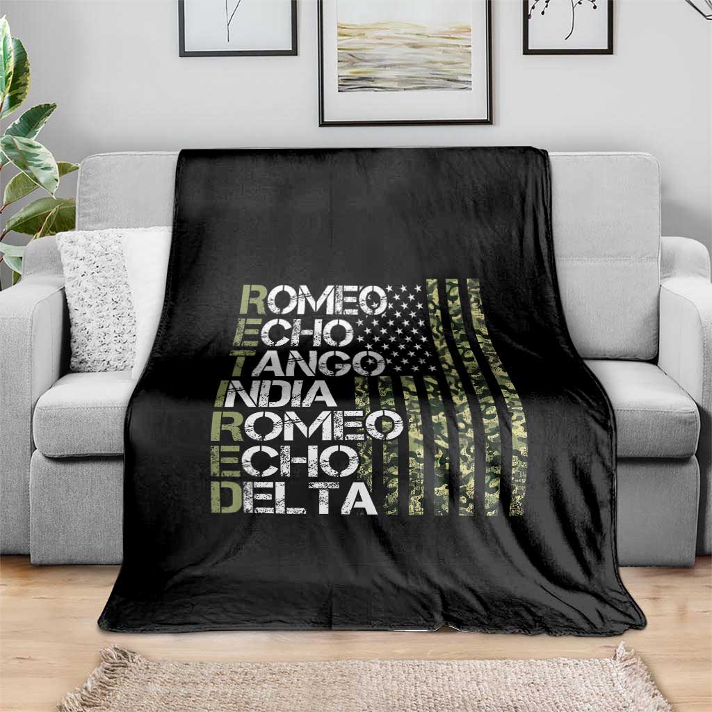Funny Retired Military Phonetic Alphabet Retirement Throw Blanket Vintage Camouflage Flag