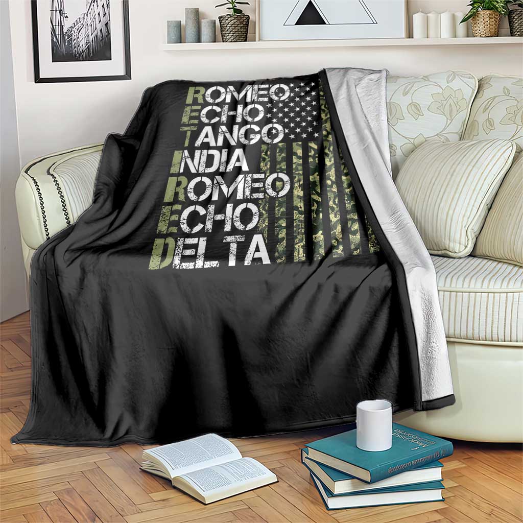 Funny Retired Military Phonetic Alphabet Retirement Throw Blanket Vintage Camouflage Flag