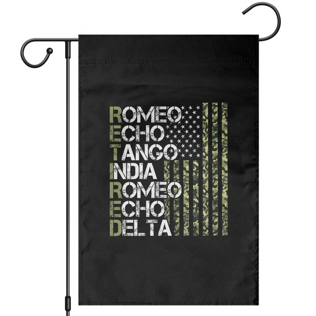 Funny Retired Military Phonetic Alphabet Retirement Garden Flag Vintage Camouflage Flag