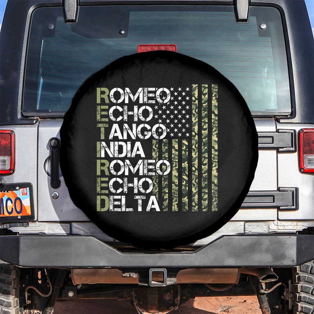 Funny Retired Military Phonetic Alphabet Retirement Spare Tire Cover Vintage Camouflage Flag