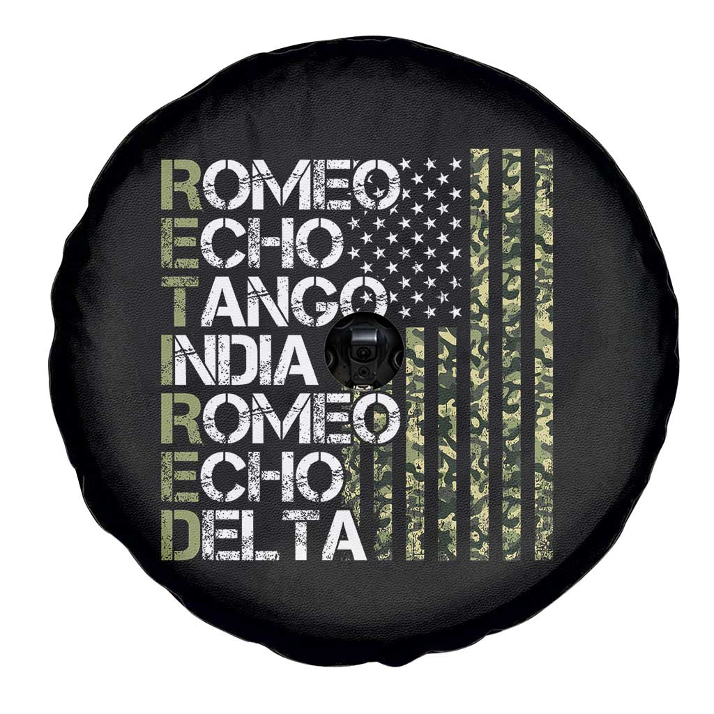 Funny Retired Military Phonetic Alphabet Retirement Spare Tire Cover Vintage Camouflage Flag