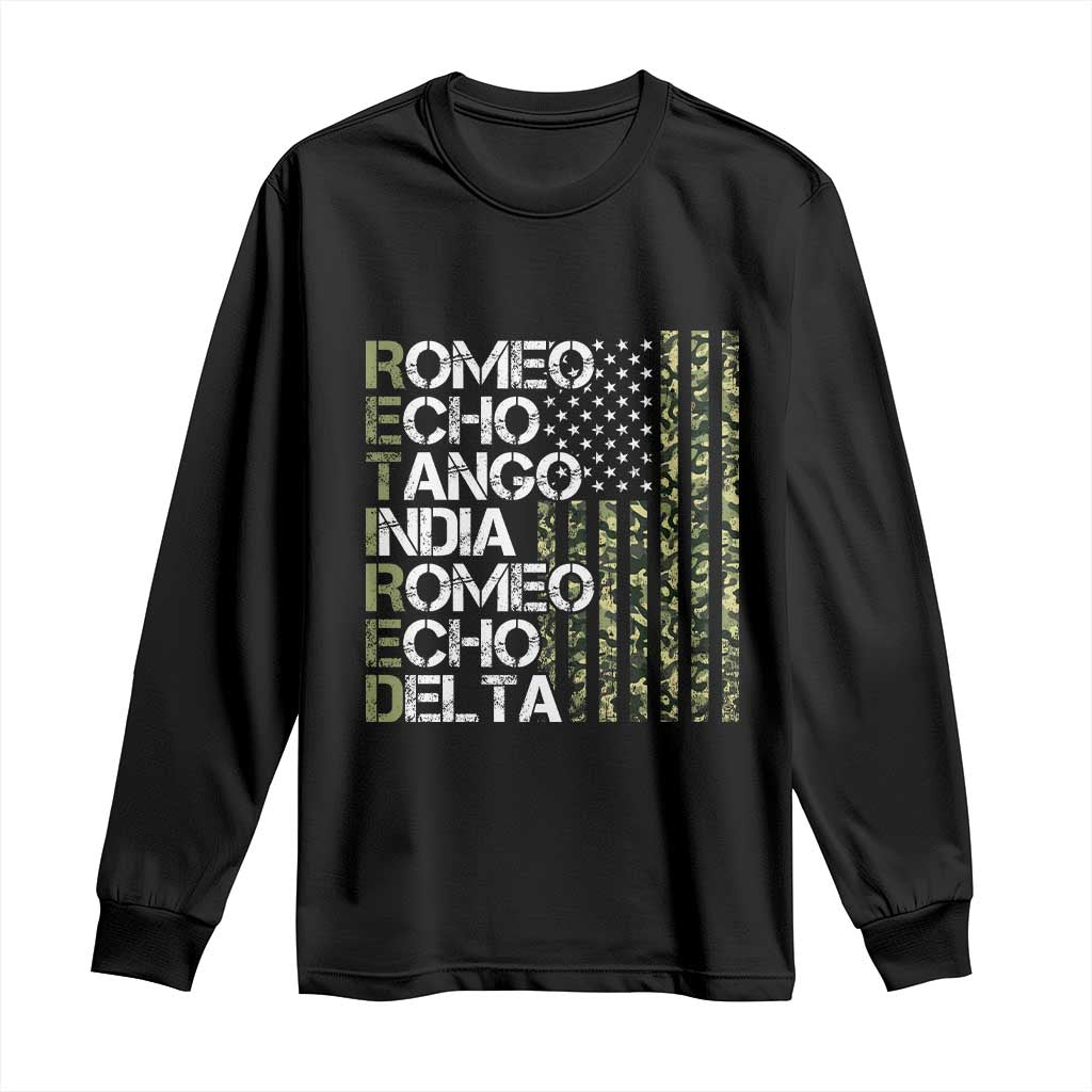 Retired 2025 Military Phonetic Alphabet Retirement Long Sleeve Shirt Vintage Camouflage Flag