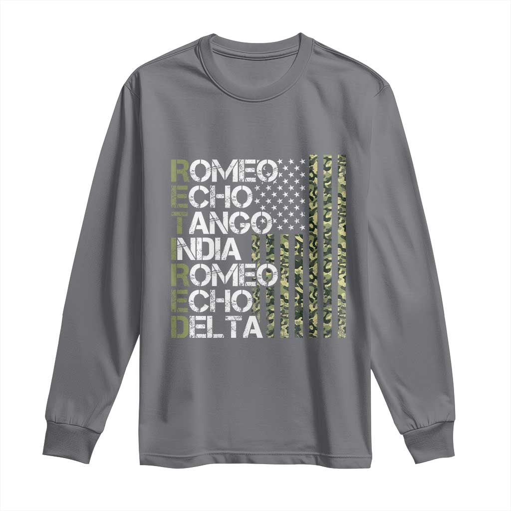 Retired 2025 Military Phonetic Alphabet Retirement Long Sleeve Shirt Vintage Camouflage Flag