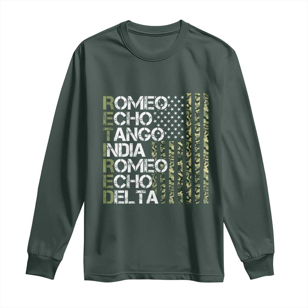 Retired 2025 Military Phonetic Alphabet Retirement Long Sleeve Shirt Vintage Camouflage Flag