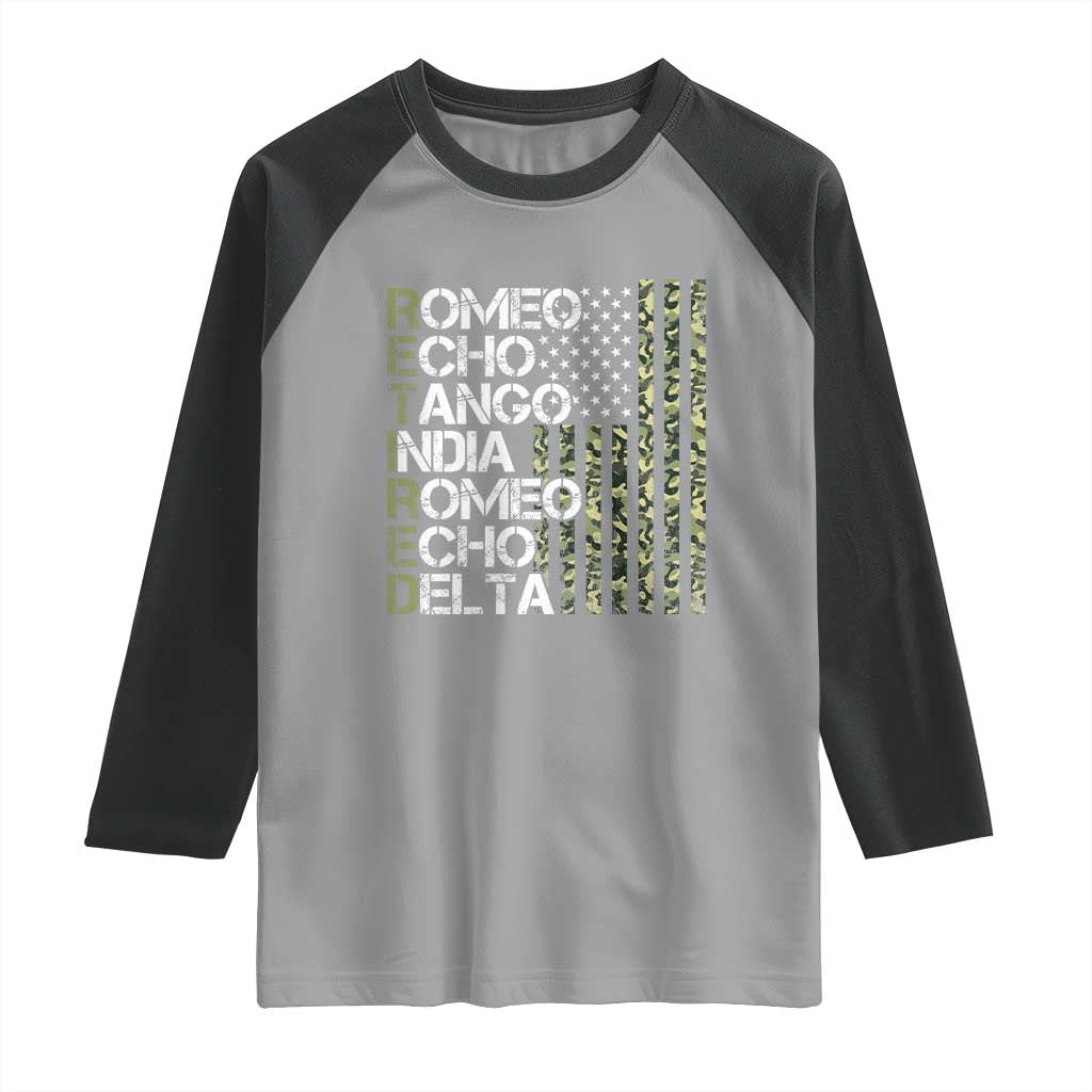 Retired 2025 Military Phonetic Alphabet Retirement Raglan Shirt Vintage Camouflage Flag