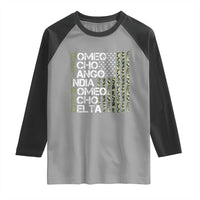 Retired 2025 Military Phonetic Alphabet Retirement Raglan Shirt Vintage Camouflage Flag