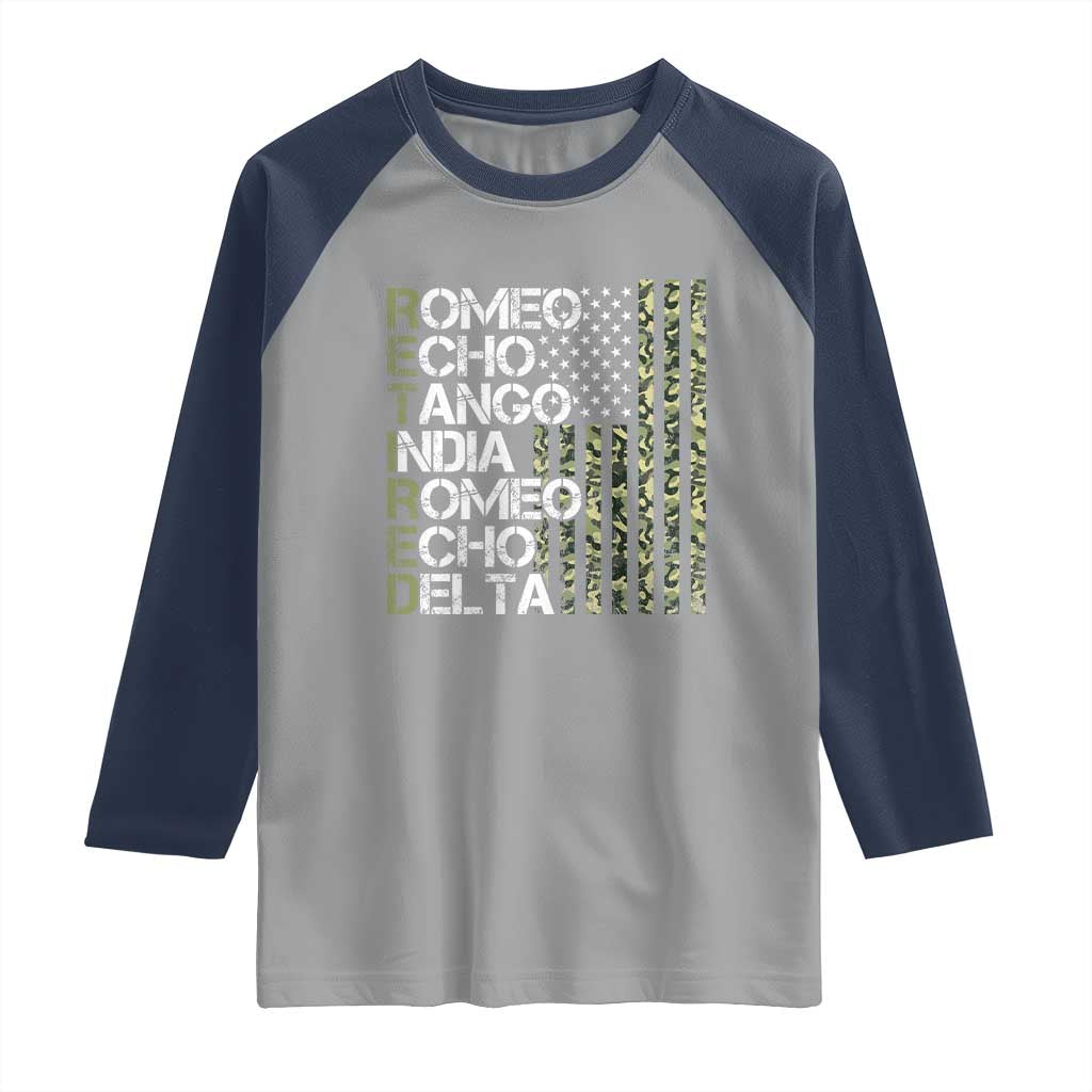 Retired 2025 Military Phonetic Alphabet Retirement Raglan Shirt Vintage Camouflage Flag