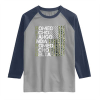 Retired 2025 Military Phonetic Alphabet Retirement Raglan Shirt Vintage Camouflage Flag