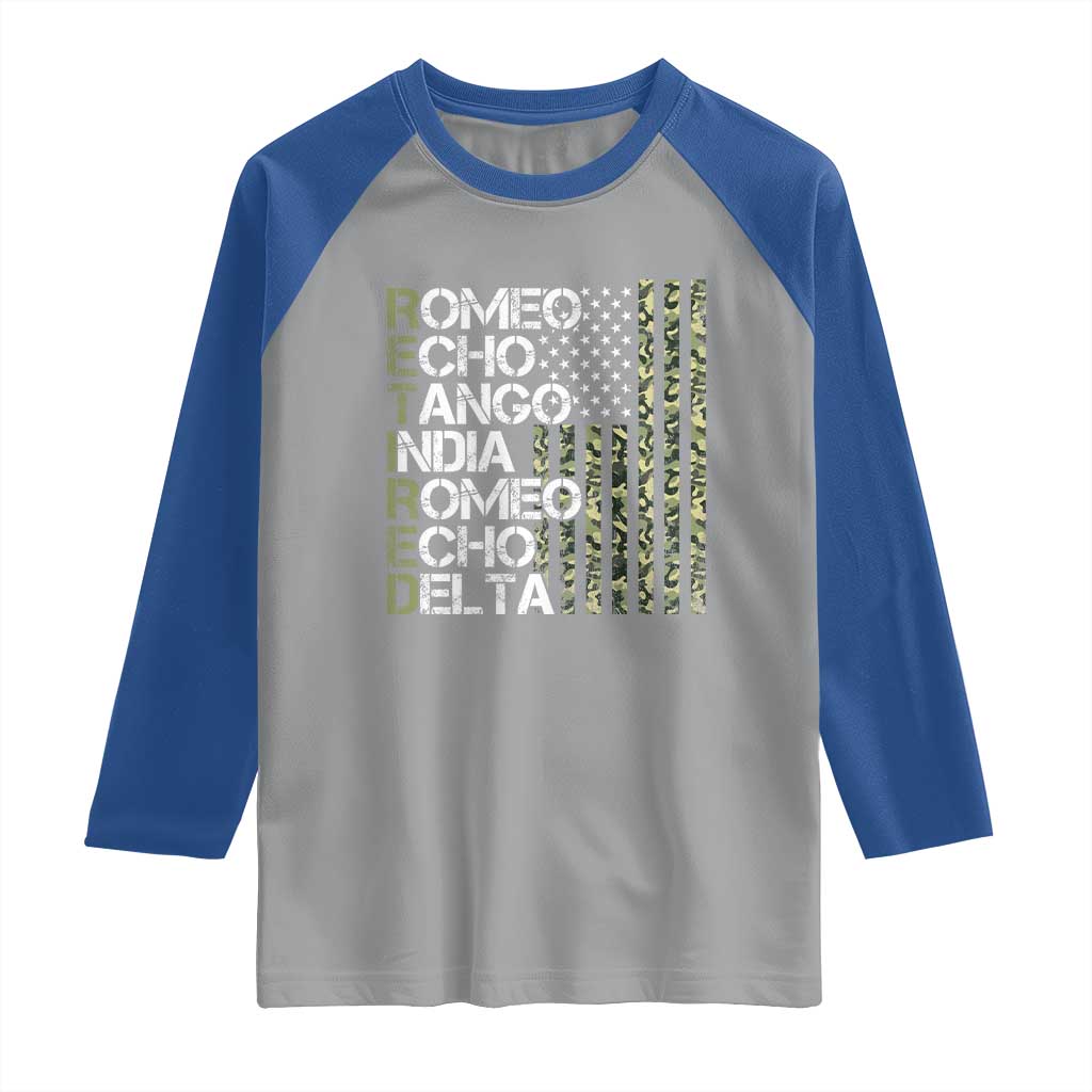 Retired 2025 Military Phonetic Alphabet Retirement Raglan Shirt Vintage Camouflage Flag