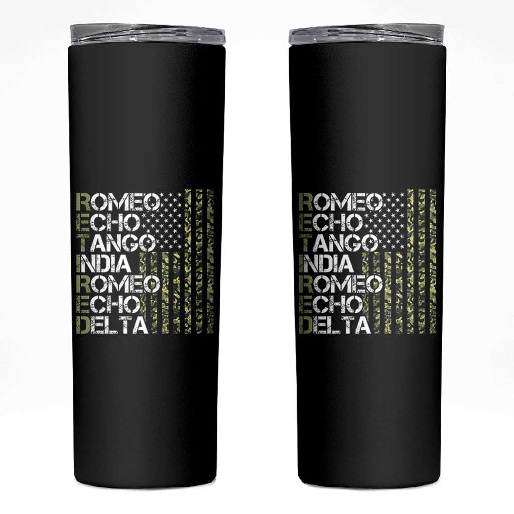 Funny Retired Military Phonetic Alphabet Retirement Skinny Tumbler Vintage Camouflage Flag