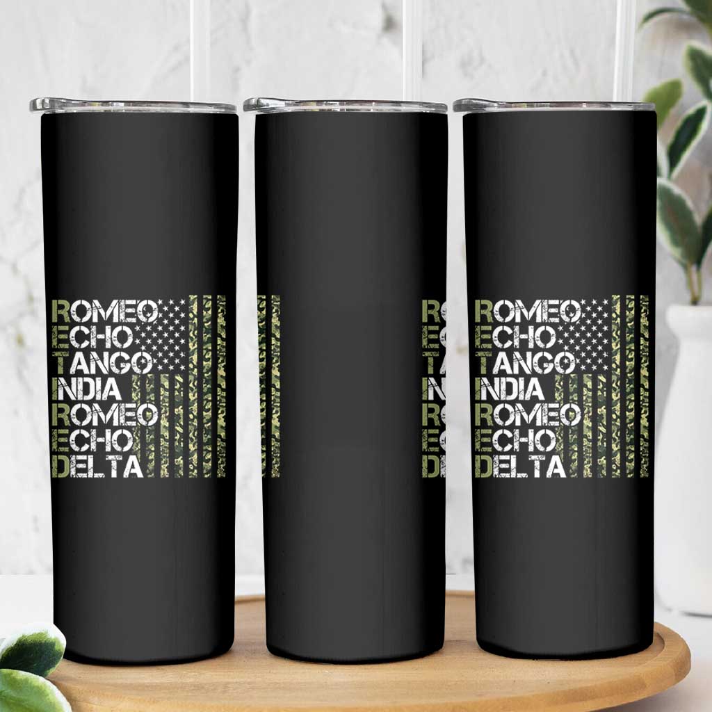 Funny Retired Military Phonetic Alphabet Retirement Skinny Tumbler Vintage Camouflage Flag