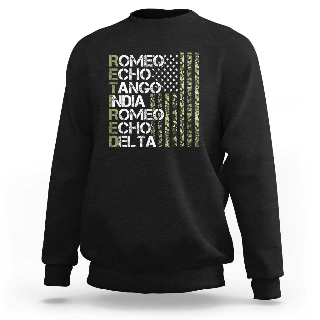 Retired 2025 Military Phonetic Alphabet Retirement Sweatshirt Vintage Camouflage Flag