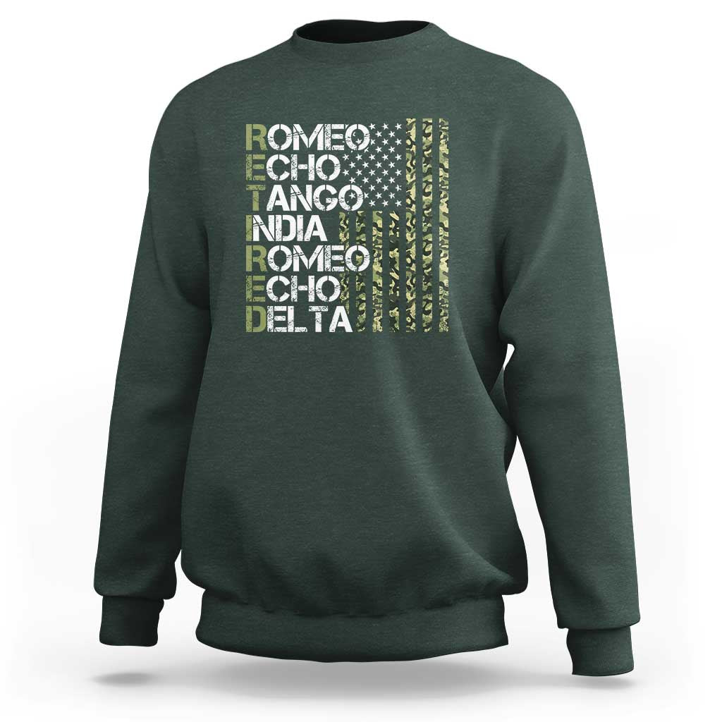 Retired 2025 Military Phonetic Alphabet Retirement Sweatshirt Vintage Camouflage Flag