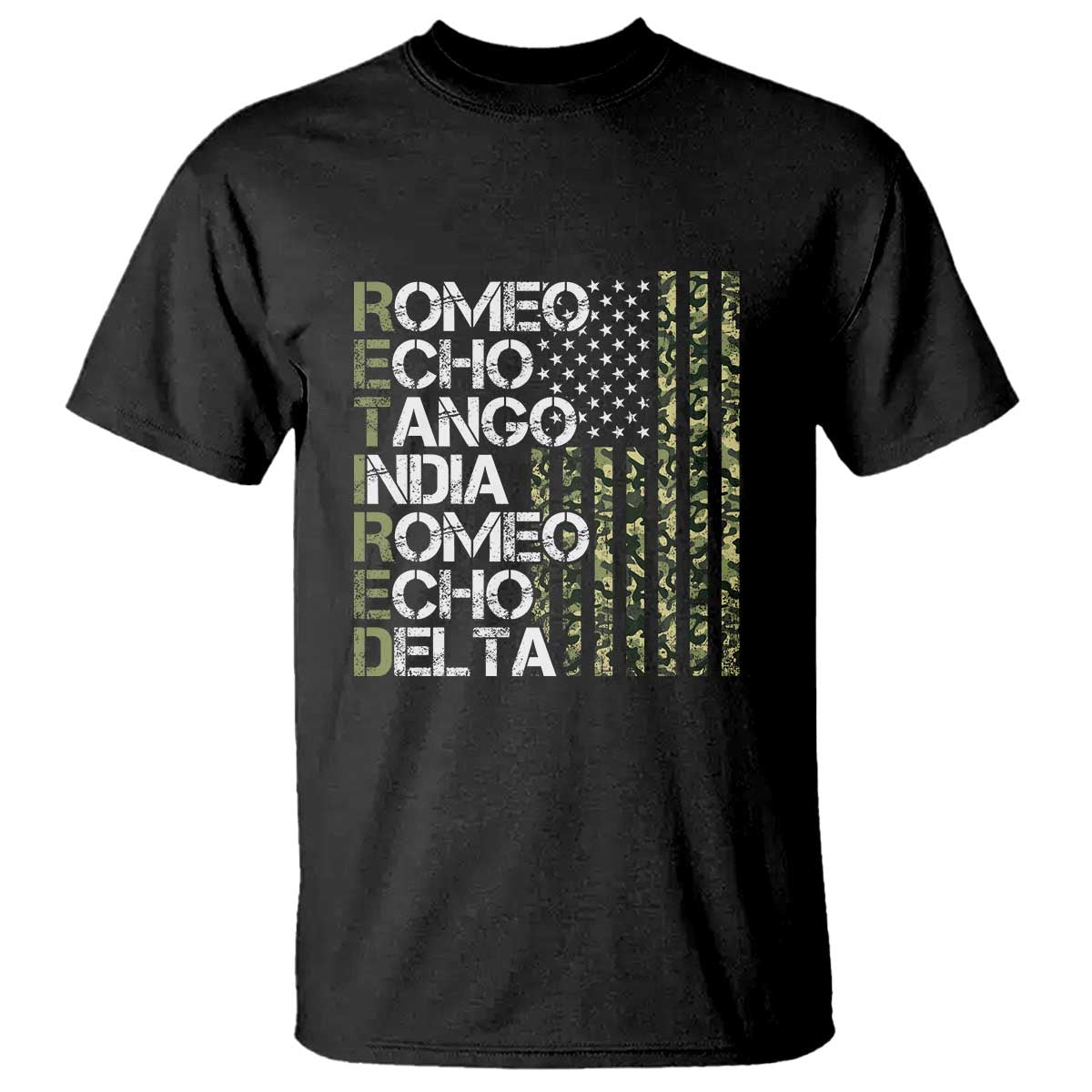 Retired 2025 Military Phonetic Alphabet Retirement T Shirt Vintage Camouflage Flag