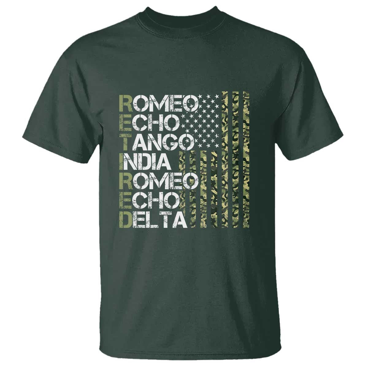 Retired 2025 Military Phonetic Alphabet Retirement T Shirt Vintage Camouflage Flag