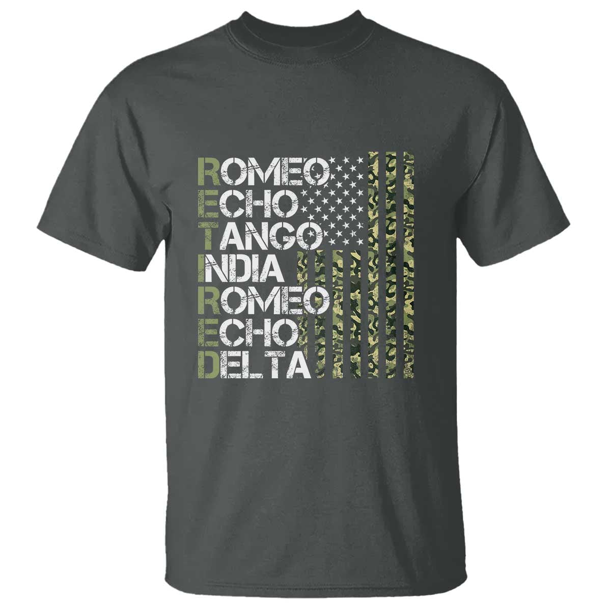 Retired 2025 Military Phonetic Alphabet Retirement T Shirt Vintage Camouflage Flag