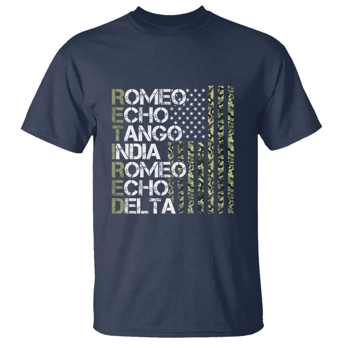 Retired 2025 Military Phonetic Alphabet Retirement T Shirt Vintage Camouflage Flag