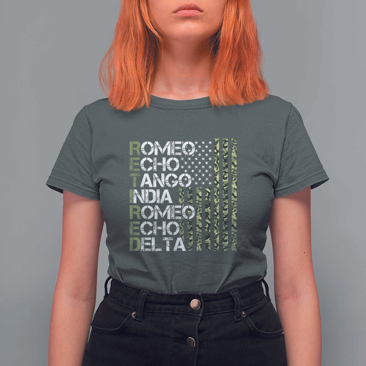 Retired 2025 Military Phonetic Alphabet Retirement T Shirt For Women Vintage Camouflage Flag