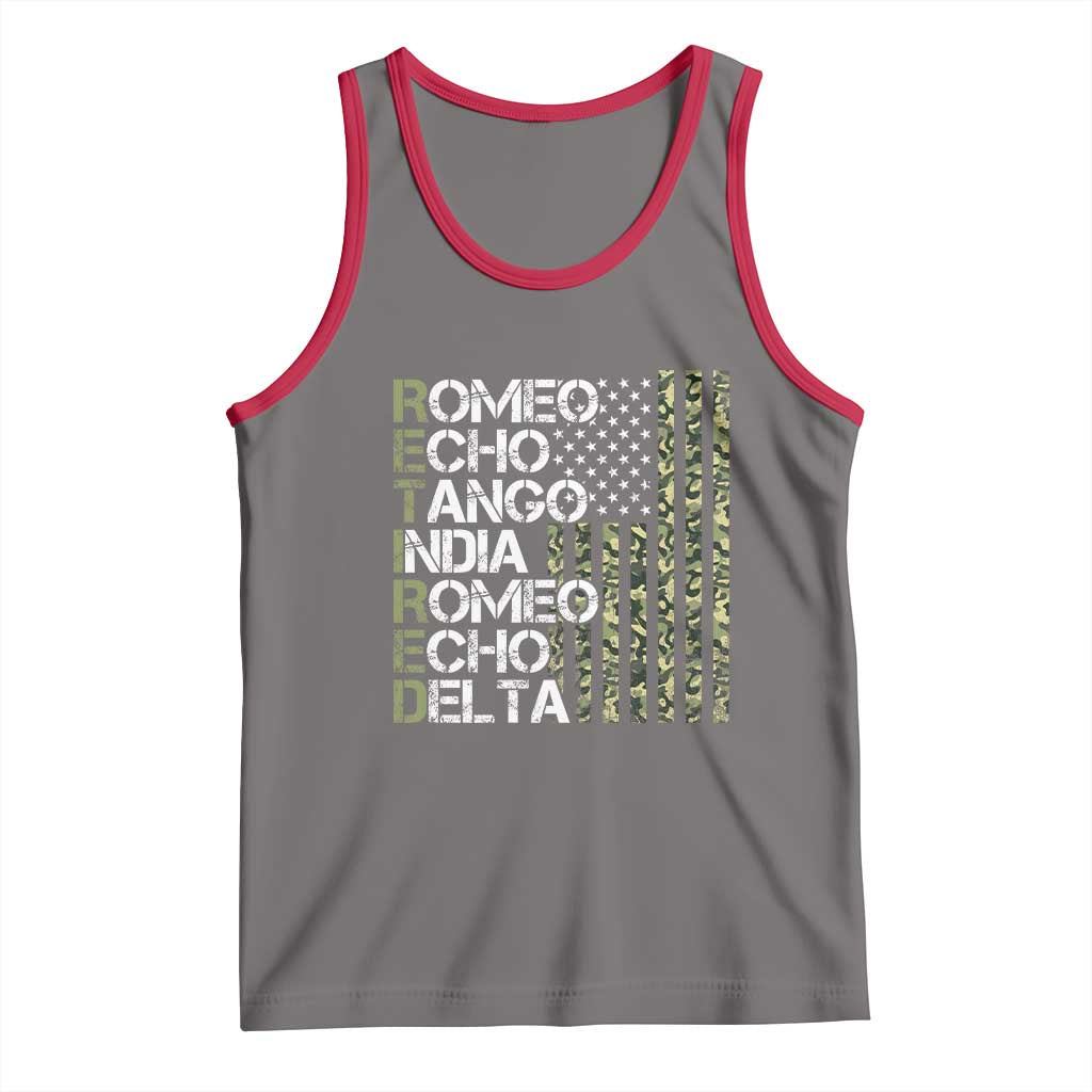 Retired 2025 Military Phonetic Alphabet Retirement Tank Top Vintage Camouflage Flag