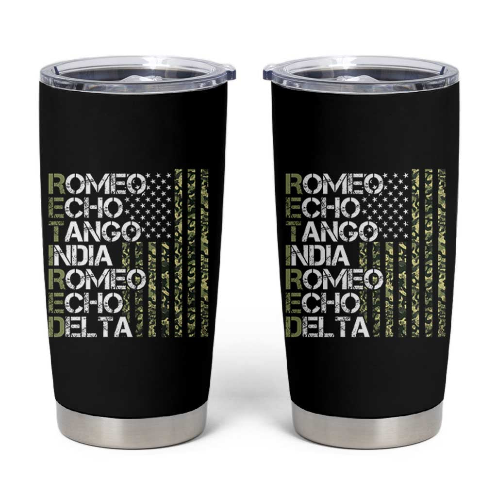 Funny Retired Military Phonetic Alphabet Retirement Tumbler Cup Vintage Camouflage Flag
