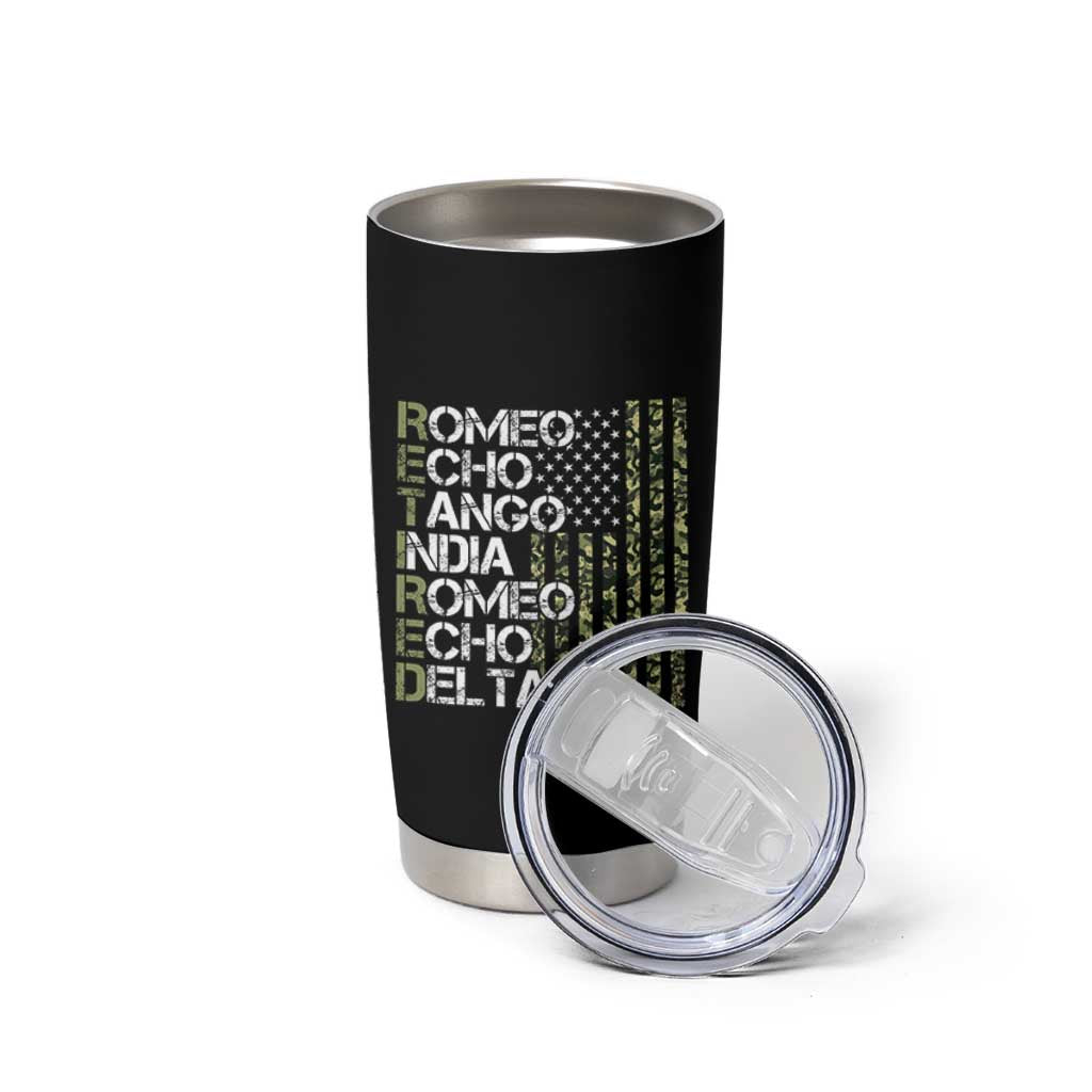 Funny Retired Military Phonetic Alphabet Retirement Tumbler Cup Vintage Camouflage Flag