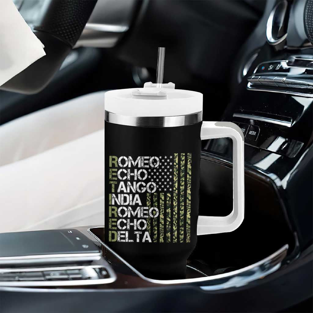 Funny Retired Military Phonetic Alphabet Retirement Tumbler With Handle Vintage Camouflage Flag