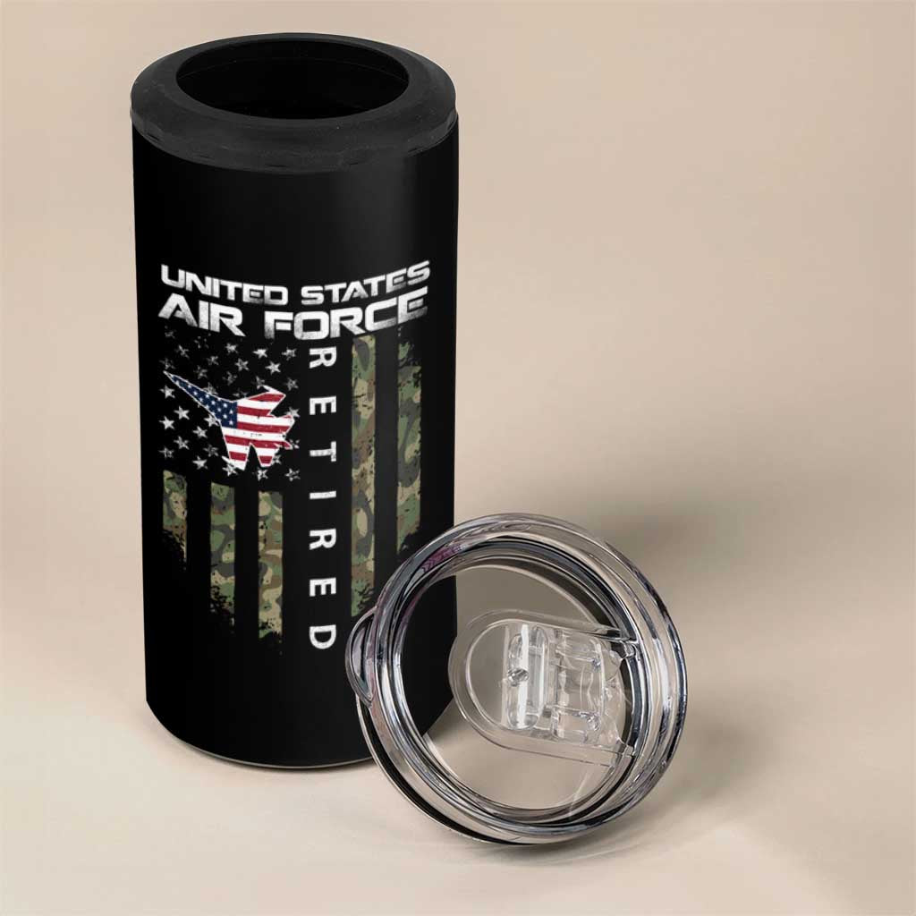 Funny United States Air Force Retired 4 in 1 Can Cooler Tumbler Camo American Flag Fighter