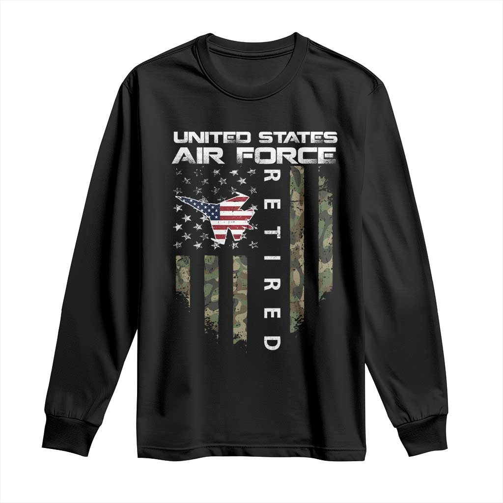 Funny United States Air Force Retired Long Sleeve Shirt Camo American Flag Fighter