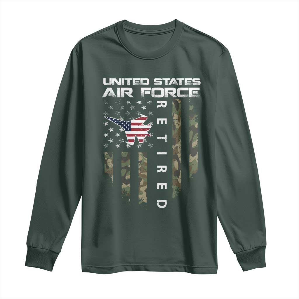 Funny United States Air Force Retired Long Sleeve Shirt Camo American Flag Fighter