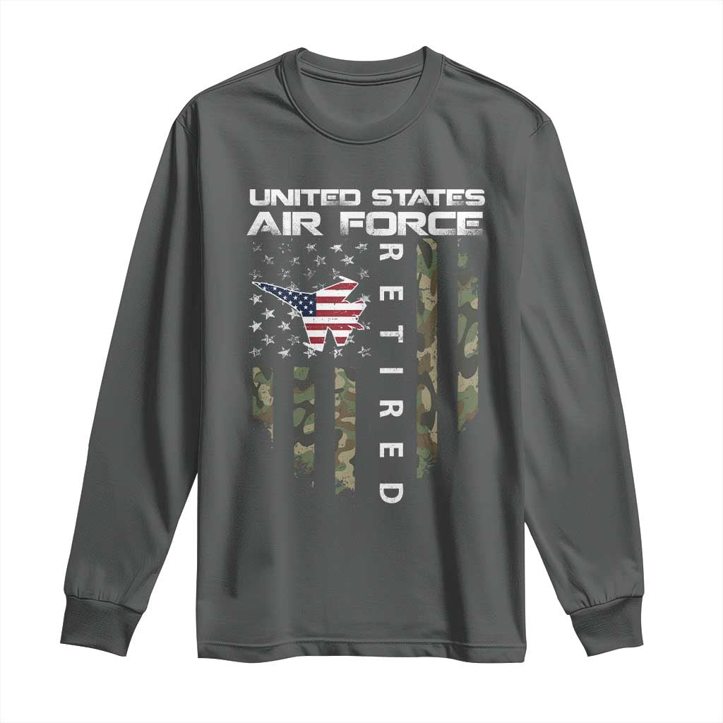 Funny United States Air Force Retired Long Sleeve Shirt Camo American Flag Fighter