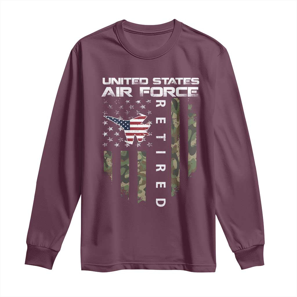 Funny United States Air Force Retired Long Sleeve Shirt Camo American Flag Fighter