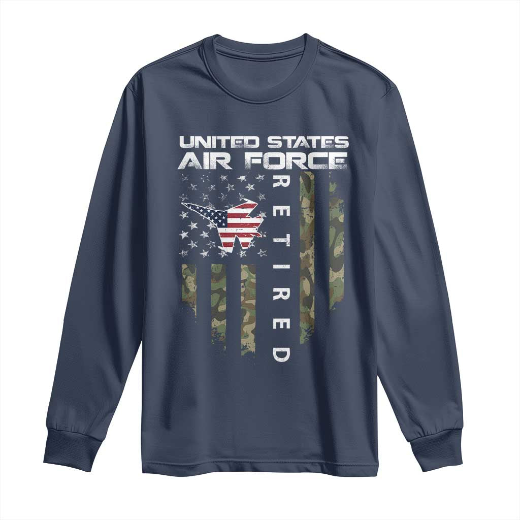 Funny United States Air Force Retired Long Sleeve Shirt Camo American Flag Fighter