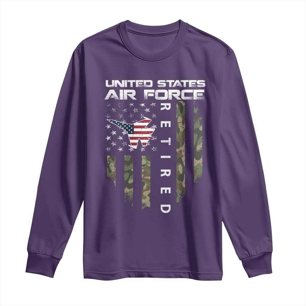 Funny United States Air Force Retired Long Sleeve Shirt Camo American Flag Fighter