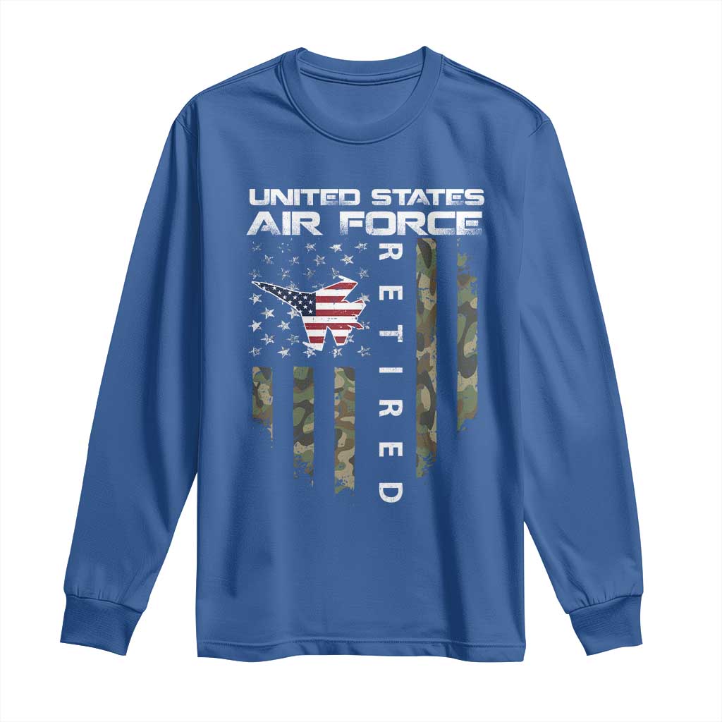 Funny United States Air Force Retired Long Sleeve Shirt Camo American Flag Fighter