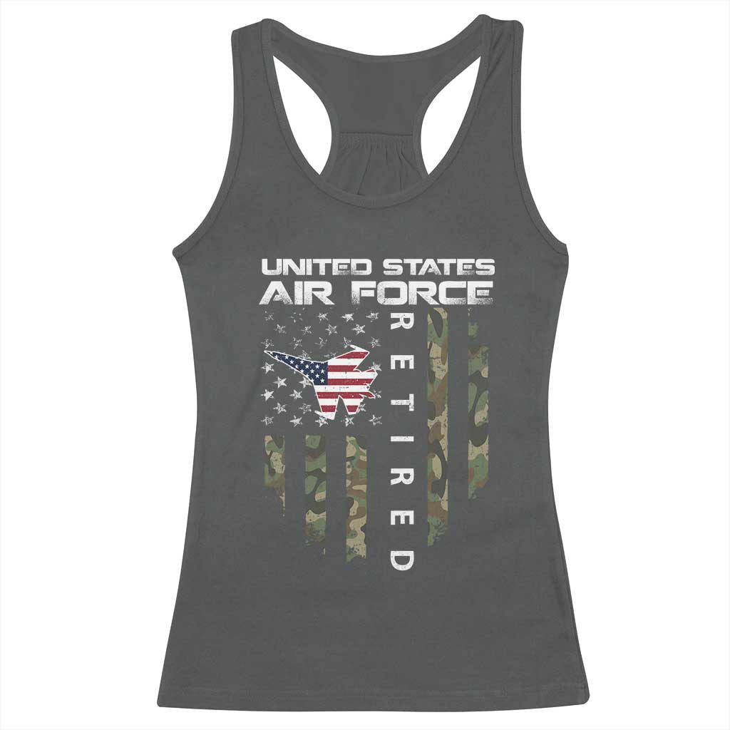 Funny United States Air Force Retired Racerback Tank Top Camo American Flag Fighter