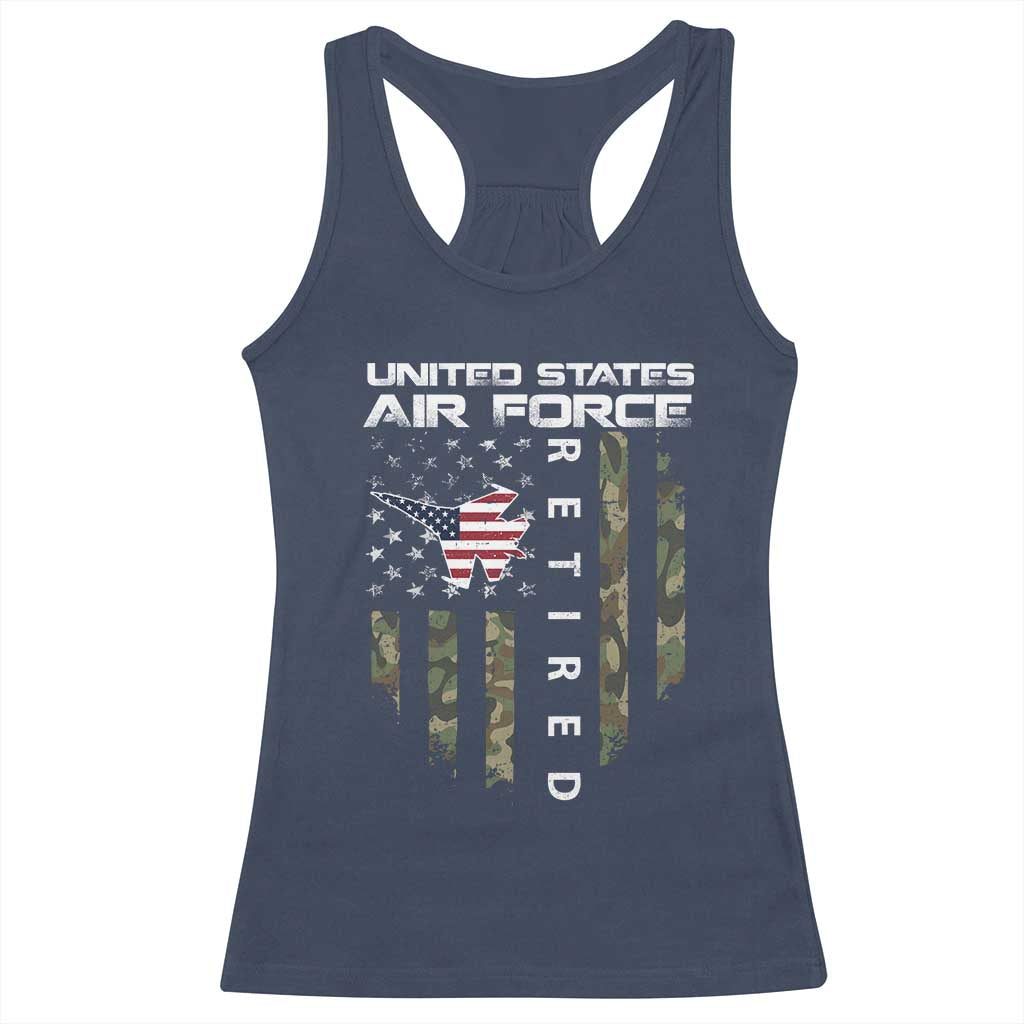 Funny United States Air Force Retired Racerback Tank Top Camo American Flag Fighter