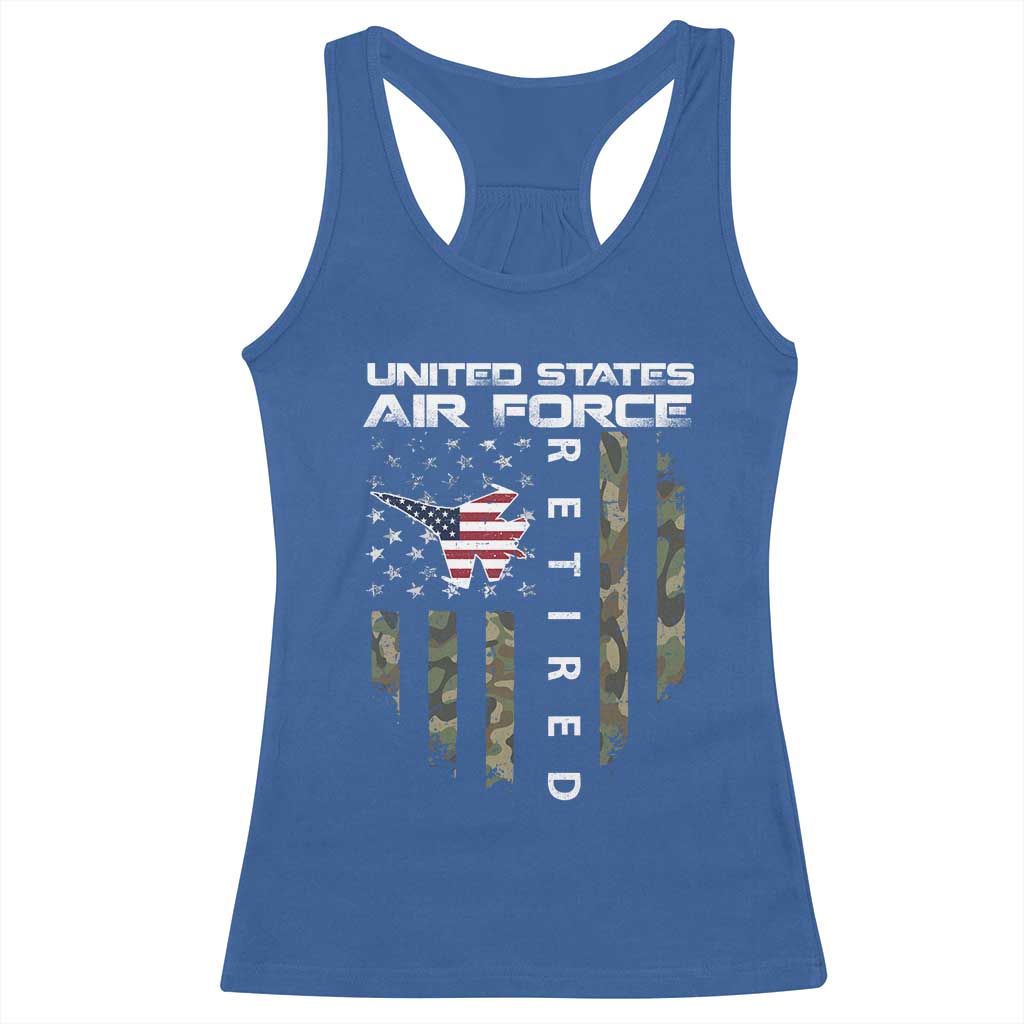 Funny United States Air Force Retired Racerback Tank Top Camo American Flag Fighter