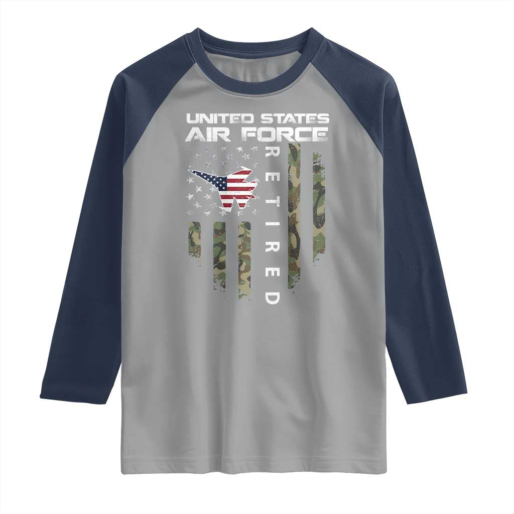 Funny United States Air Force Retired Raglan Shirt Camo American Flag Fighter