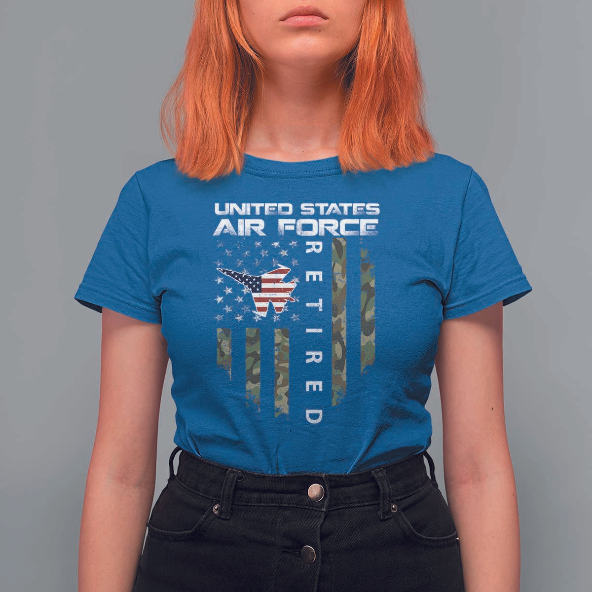 Funny United States Air Force Retired T Shirt For Women Camo American Flag Fighter