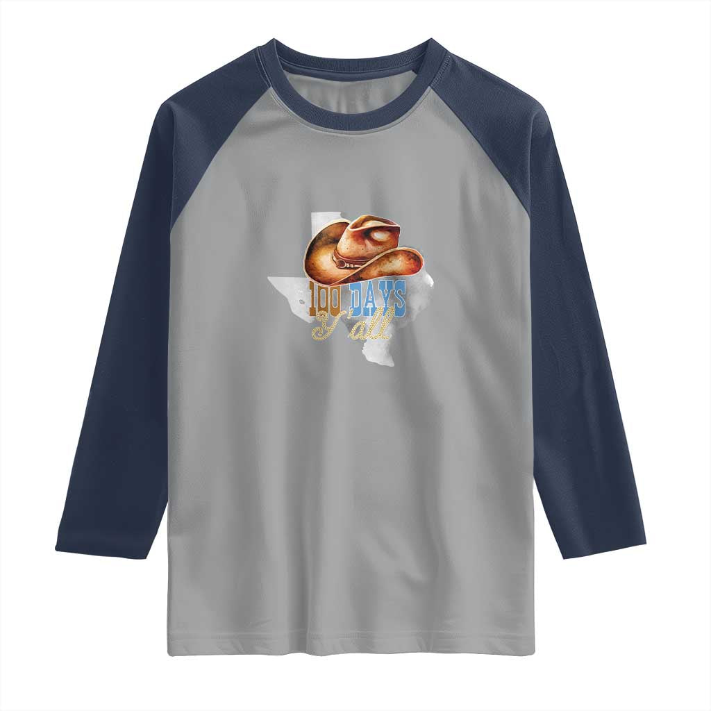 Funny 100th Day Of School Cowboy Raglan Shirt 100 Days Y'all TX map