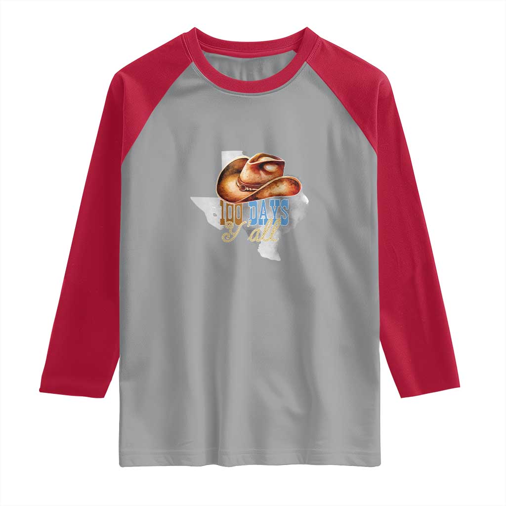 Funny 100th Day Of School Cowboy Raglan Shirt 100 Days Y'all TX map