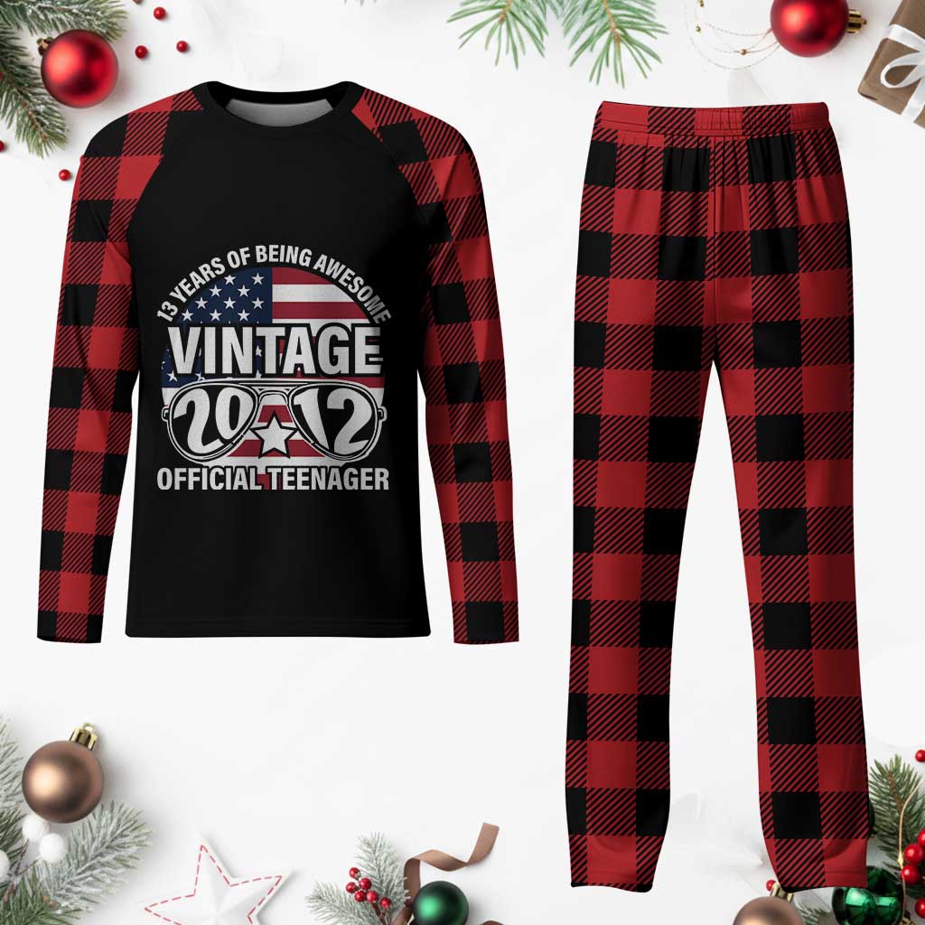 Funny 13th Birthday Plaid Pajama Set Vintage 2012 Official Teenager 13 Years Of Being Awesome USA Flag Sunglasses - Wonder Print Shop