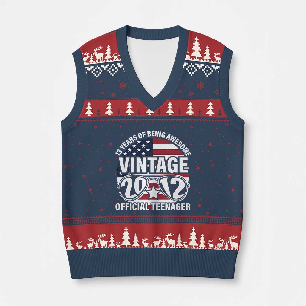 Funny 13th Birthday V-Neck Knit Sweater Vest Vintage 2012 Official Teenager 13 Years Of Being Awesome USA Flag Sunglasses - Wonder Print Shop