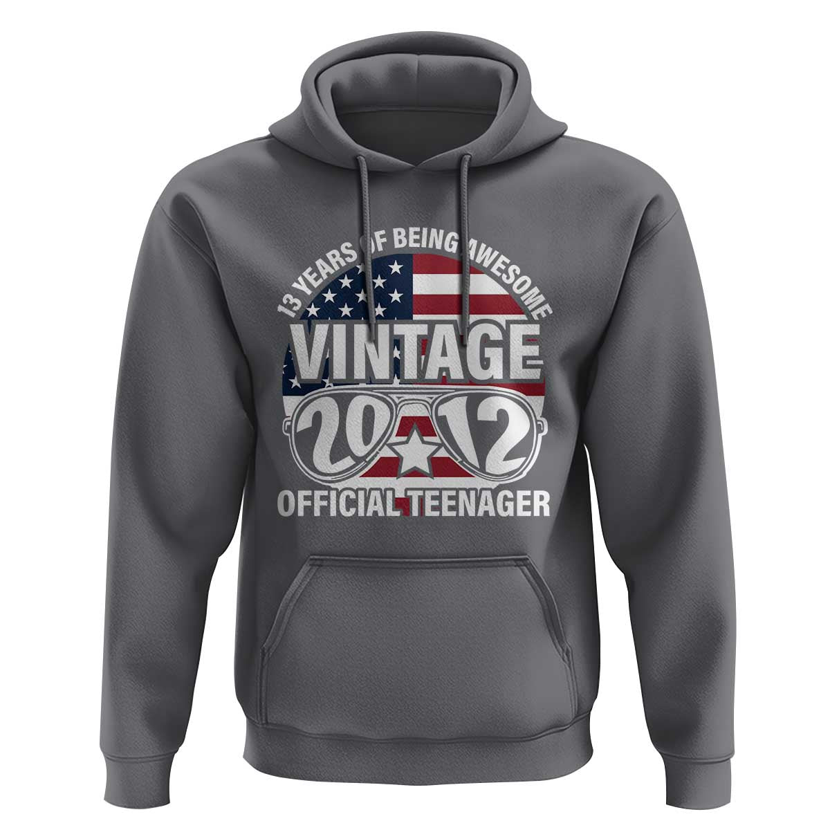 Funny 13th Birthday Hoodie Vintage 2012 Official Teenager 13 Years Of Being Awesome USA Flag Sunglasses