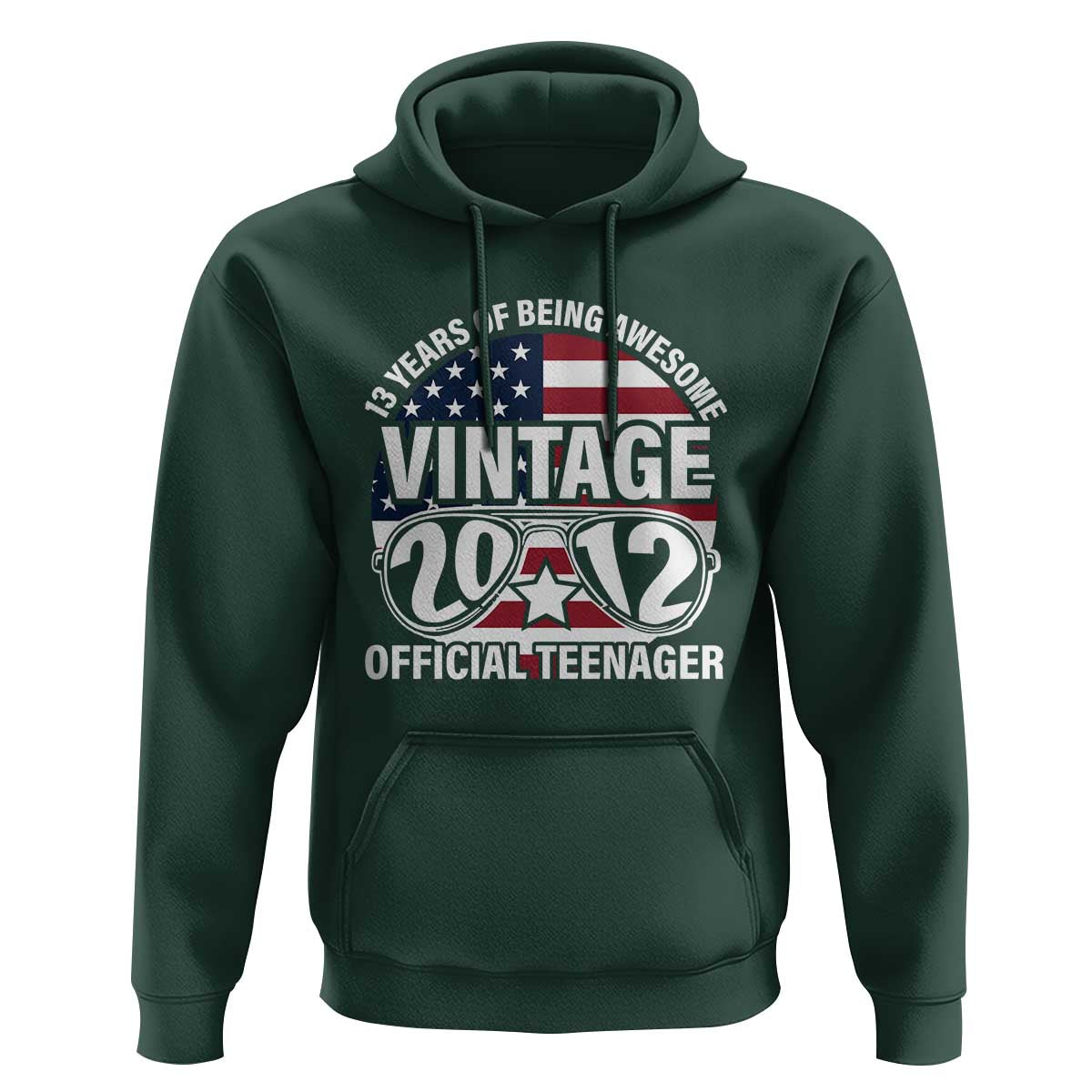 Funny 13th Birthday Hoodie Vintage 2012 Official Teenager 13 Years Of Being Awesome USA Flag Sunglasses