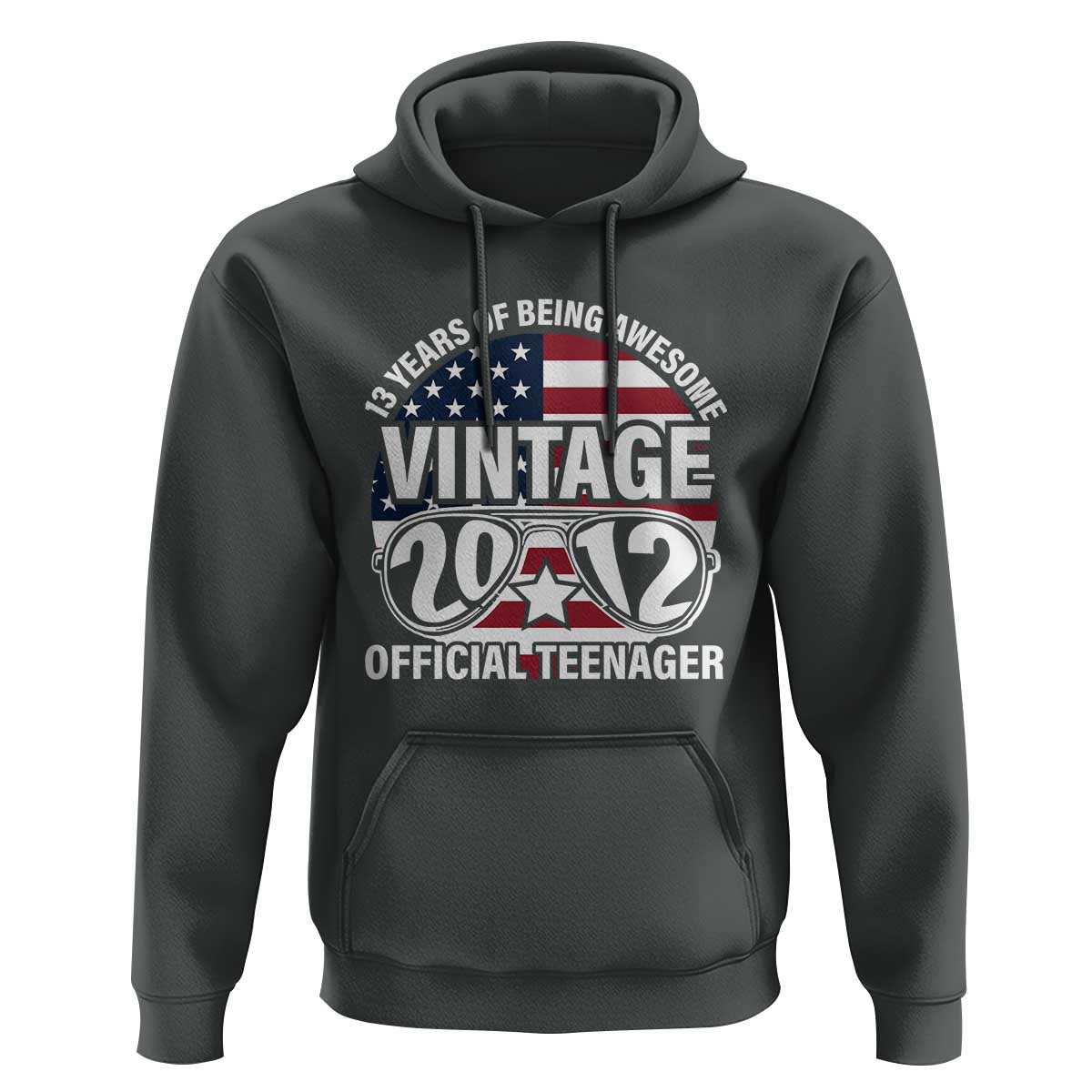 Funny 13th Birthday Hoodie Vintage 2012 Official Teenager 13 Years Of Being Awesome USA Flag Sunglasses
